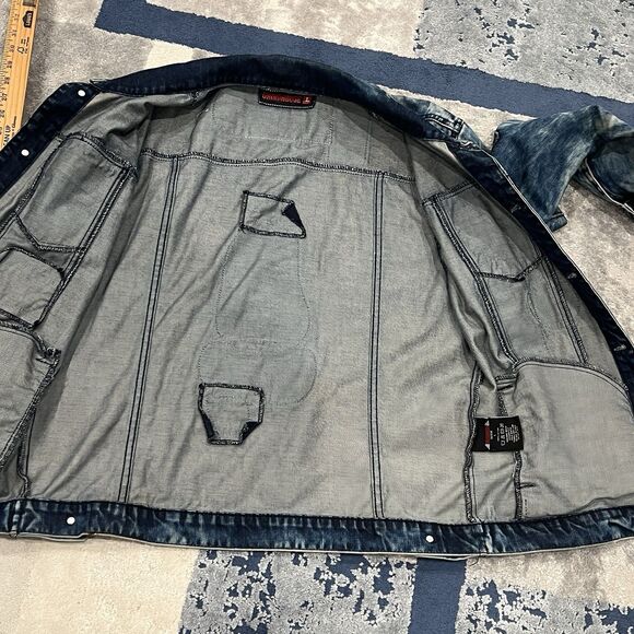 Grindhouse Denim Jacket Mens L Distressed Graffiti Paint Splatter Skull Street - Picture 6 of 12